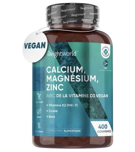 [E-COM58] Calcium Magnésium Zinc Vitamine D3 K2 (MK7) 400 Comprimés Vegan (+1 An) Aavec Cuivre, Sélénium, Manganèse, Bore - Haute Absorption Multivitamines et Minéraux Immunité, Os, Peau, Muscles, Cheveux
