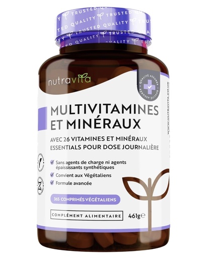 [E-COM59] Multivitamines et Minéraux - 365 Comprimés (12 Mois) 26 Nutriments dont Zinc Fer Selenium Vitamine C A B D3 E K - Vitamines, Minéraux et Compléments Vegan Haute Absorption - Nutravita
