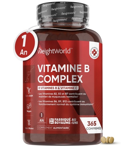 [E-COM60] Vitamine B Complex - 365 Micro-Comprimés Vegan - Multivitamines Avec Vitamine C & Vitamines B1, B5, B6, B9 et B12, B2, B3, B7 Biotine - Vit B Complex Haute Concentration Pour Fatigue & Immunité
