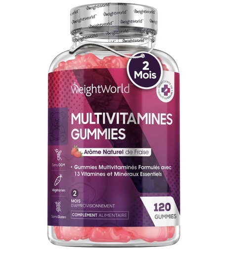 [E-COM61] Gummies Multivitamines et Minéraux -120 Gummies Au Goût Naturel Fraise - Avec 13 Vitamines Minéraux Essentiels : Vitamine A, Vitamine B, Vitamine C et D, Biotine et Zinc, Multivitamines Pour Adultes

