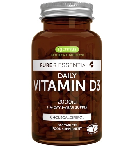 [E-COM63] Vitamine D3 Quotidienne 2000 UI Cholécalciférol, cure d’un an, 1 par jour, 365 petits comprimés faciles à avaler, Végétarien - par Igennus
