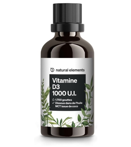 [E-COM64] Natural elements Vitamine D3 – 1000 U.I. Vitamine D par goutte – 50 ml (1700 gouttes) – enhuile TCM de noix de coco – fortement dosée, liquide
