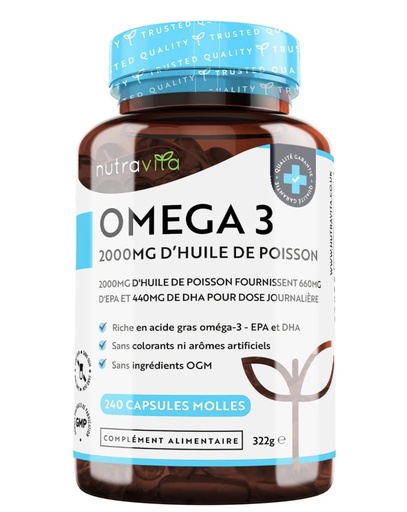 [E-COM67] Omega 3 Huile de Poissons Sauvages 2000mg - 240 Gélules (120 Jours) - Haute Concentration en EPA (660mg) & DHA (440mg) Soutien Fonction Cardiaque et une Vision Normale - Fabriqué par Nutravita

